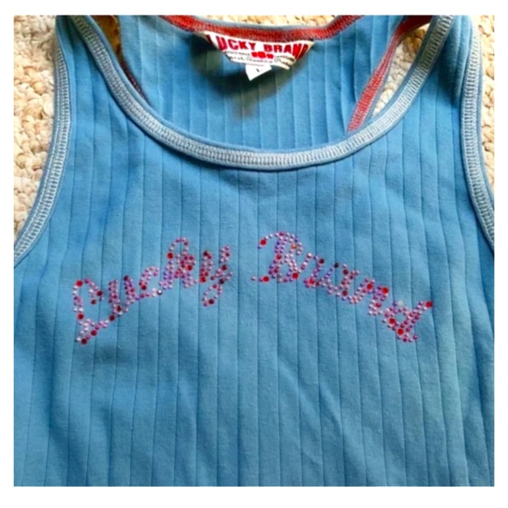 Y2K Lucky Brand Ribbed Knit Rhinestone Tank Top Blue